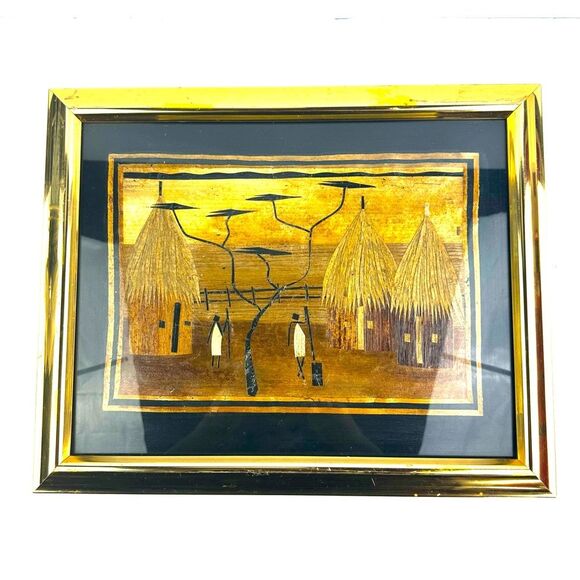 Vintage African Handmade Banana Leaf Tribal Art Photo in Gold Frame - Picture 1 of 10